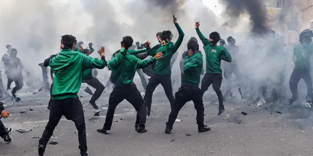 Image similar to photo of young men wearing green tracksuits fighting cops in a riot with burning cars, mid shot, editorial photography