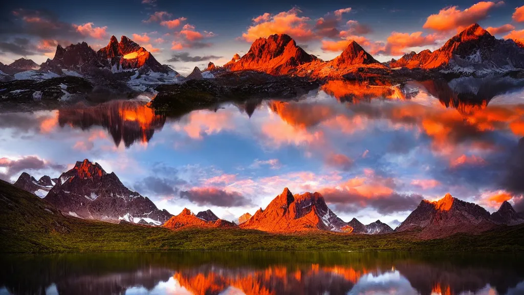 Image similar to amazing landscape photo of mountains with lake in sunset by marc adamus, beautiful dramatic lighting