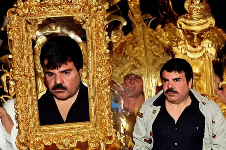 Image similar to el chapo is a genie standing in the middle of a grandiose mexican mansion. everything is made out of gold. el chapo is sipping on wine. the mansion is incredible and ornate. chapo has a clockwork chain. there are princesses and queens everywhere around him, lovely scene of a genie being a pimp