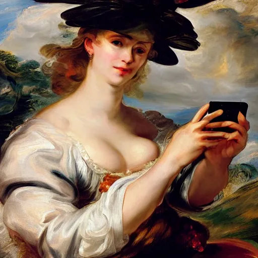 Image similar to heavenly summer sharp land sphere scallop well dressed lady taking a selfie with her iphone auslese, by peter paul rubens and eugene delacroix and karol bak, hyperrealism, digital illustration, fauvist, iphone