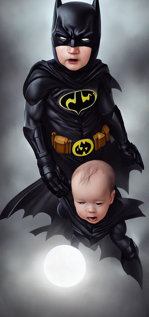 Image similar to portrait of baby batman in action pose, elegant, moonlight, cinematic, cinematic lights, highly detailed, hdr, artstation, concept art, ambient light, 4 k, intricate details, highly professionally detailed, highly detailed