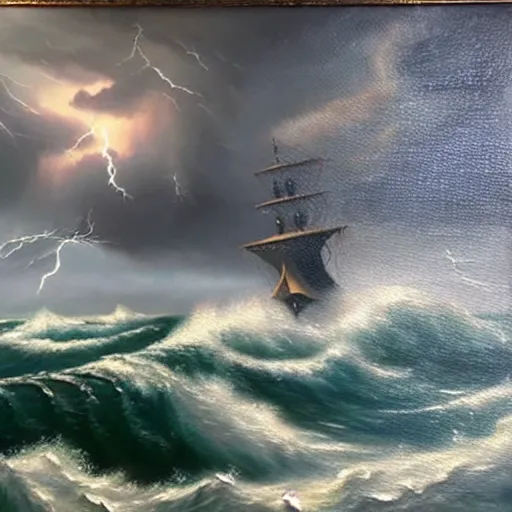 Image similar to a photo realistic oil painting of a galleon caught in a storm with high waves and lightning