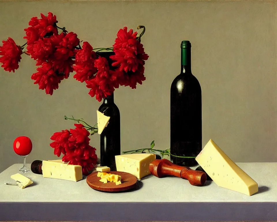 Image similar to an achingly beautiful still life featuring blooming flowers, wheels of cheese, and red wine by Raphael, Hopper, and Rene Magritte. detailed, romantic, studio lighting, enchanting, trending on artstation.