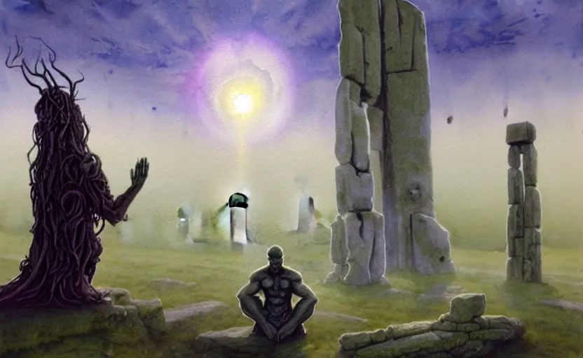 Image similar to a hyperrealist watercolour character concept art portrait of a pagan worshipper kneeling down in prayer in front of a tall elegant lovecraftian alien on a misty night in stone henge. a battlecruiser starship is in the background. by rebecca guay, michael kaluta, charles vess and jean moebius giraud