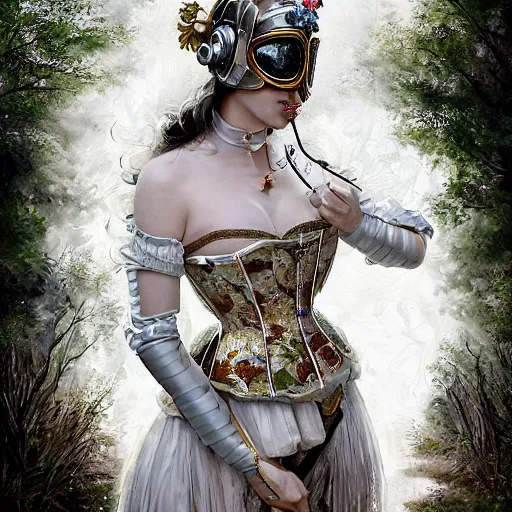 Image similar to A masterpiece ultrarealistic ultradetailed portrait of a Incredibly beautiful angel armored princess knight IN INCREDIBLE ceramic GAS MASK WITH FLOWERS and swarovski crystals. baroque renaissance. in the forest. White amazing corset. medium shot, intricate, elegant, highly detailed. trending on artstation, digital art, by Stanley Artgerm Lau, WLOP, Rossdraws, James Jean, Andrei Riabovitchev, Marc Simonetti, Yoshitaka Amano. background by James Jean and Gustav Klimt, light by Julie Bell, 4k, porcelain skin. BY ZDIZISLAW BEKSINSKI Cinematic concept art