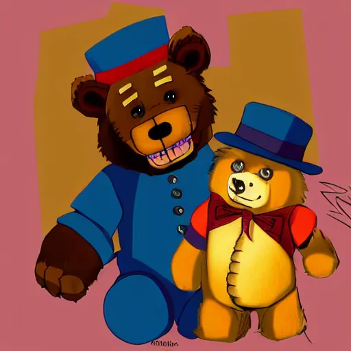 Image similar to “ freddy fazbear and paddington meet in londom in 1 9 8 7. ”