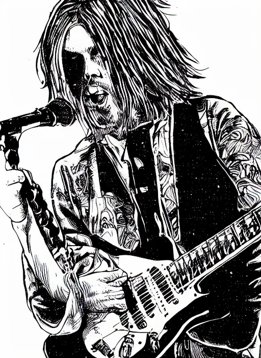 Prompt: Illustration of Jeremy Corybyn rocking on stage with Nirvana, rock, stage, music, digital art