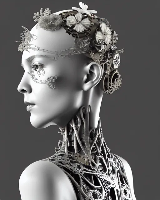 Prompt: monochrome 3 d model, 1 9 4 0 picture, silver floral steampunk biomechanical beautiful young female cyborg with porcelain profile face and a techno eye, volumetric light, leaves foliage and stems, hibiscus flowers, sinuous fine roots, fine foliage lace, alexander mcqueen, rim light, big gothic fashion pearl embroidered collar, octane render, 8 k