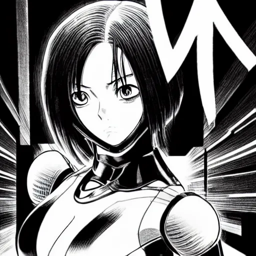 Prompt: alita by yukito kishiro. medium shot. black and white manga.