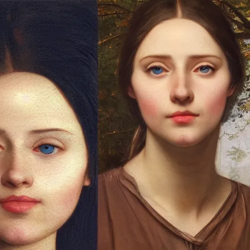 Image similar to full body portrait of a woman with blue eyes, gentle round face, with a bright smile, long dark hair, in a forest at night, highly detailed, deep focus, elegant, digital painting, smooth, sharp focus, golden ratio, illustration, ultra realistic, 8 k, art by artemisia lomi gentileschi and caravaggio