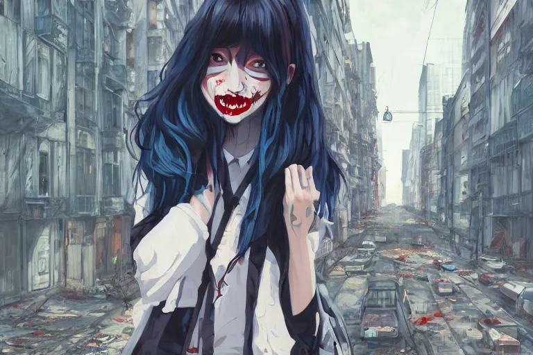 Image similar to urban school zombie girl in tattered clothes with a city street of Buenos aires in the background, dark blue long hair, muted colors, matte print, pastel colors, ornate, digital art, cute smile, digital painting, fan art, elegant, pixiv, by Ilya Kuvshinov, by Studio Ghibli