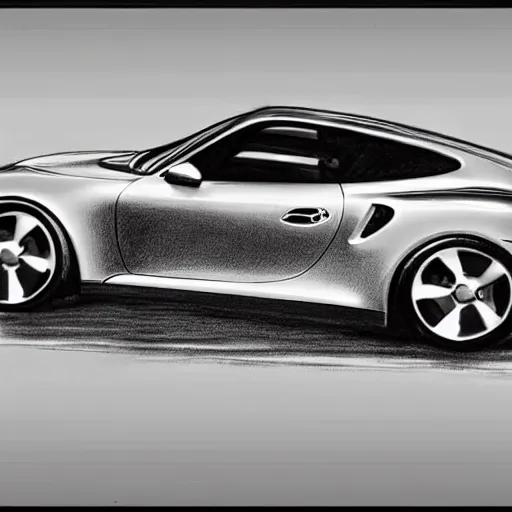 Image similar to pencil drawing of concept for a german muscle car inspired by a Porsche 911 Turbo S