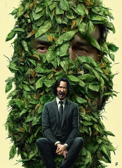 Image similar to highly detailed comedy caper movie poster with silly wacky zany keanu reeves as a sentient pile of leaves, keanu reeves green face as a sentient leafy bush by greg rutkowski, masterpiece, really funny, 1 0 / 1 0 comedy