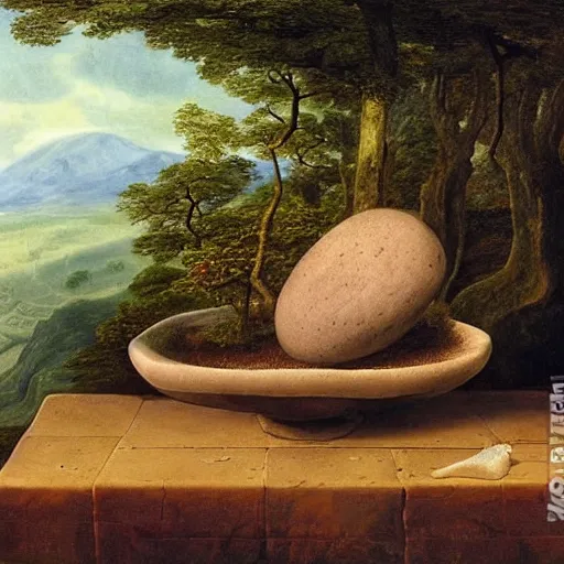 Prompt: still life of a stone bowl containing a miniature landscape, surrealism, photorealistic, river and trees and hills, extremely detailed, by clara peeters and rob gonsalves and caspar david friedrich