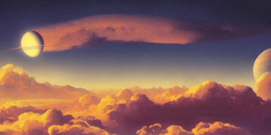 Image similar to blue dreamy cloudscape with a single planet in the clouds, daylight, cinematic lighting, cinematic perspective, syd mead, john harris, federico pelat,