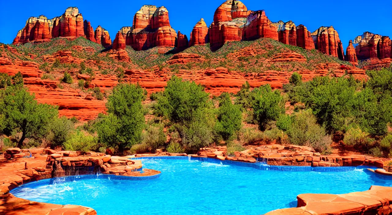 Prompt: a beautiful day in Sedona by a pool,colorised,photograph