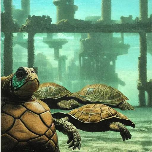 Image similar to mega turtles in an underwater ruined city of Atlantis , by Michael Sowa