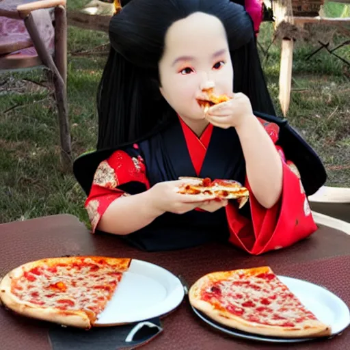 Image similar to hades in kimono eating pizza