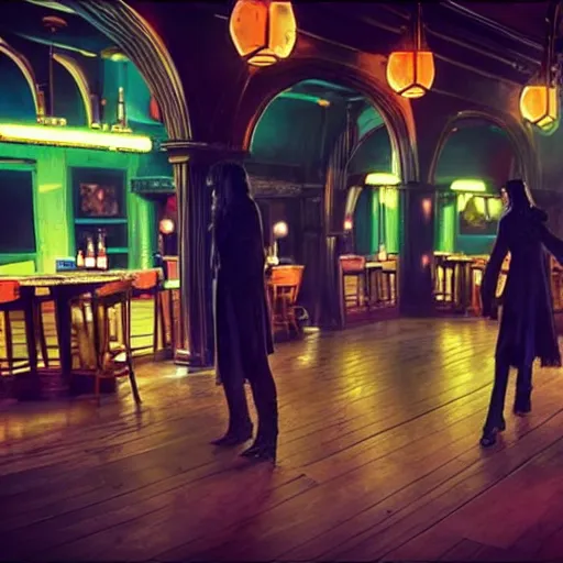 Image similar to Severus Snape dances in a bar, neon, realistic, full body, very detailed, super realistic dramatic view