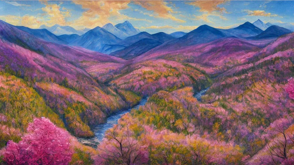 Prompt: The most beautiful panoramic landscape, oil painting, where a giant dreamy waterfall creates a river, it is winding its way through the valley and the trees are starting to bloom in pink colors, the mountains are towering over the valley below their peaks shrouded in mist, the sun is just peeking over the horizon producing an awesome flare and the sky is ablaze with warm colors and stratus clouds, by Greg Rutkowski, aerial view