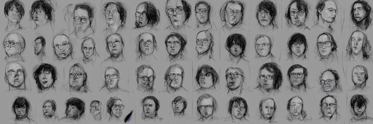 Prompt: character study of todd solondz and philip seymour hoffman and paul dano, 2 0 2 2, clear faces, emotional, character sheet, fine details, concept design, contrast, kim jung gi, pixar and da vinci, trending on artstation, 8 k, full body and head, turnaround, front view, back view, ultra wide angle