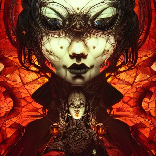 Image similar to 😈👹, symmetrical, dynamic lighting, darker intense, detailed, by bambang nurdianshyah, garis edelweiss, roby dwi antono and dan mumford, ayami kojima, takato yamamoto, barclay shaw, karol bak, yukito kishiro, norman rockwell