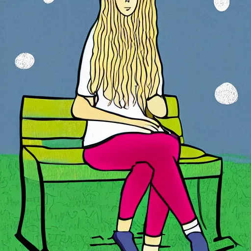 Prompt: an illustration of a young woman with long blond hair sitting on a green bench with her head in her hands, digital art