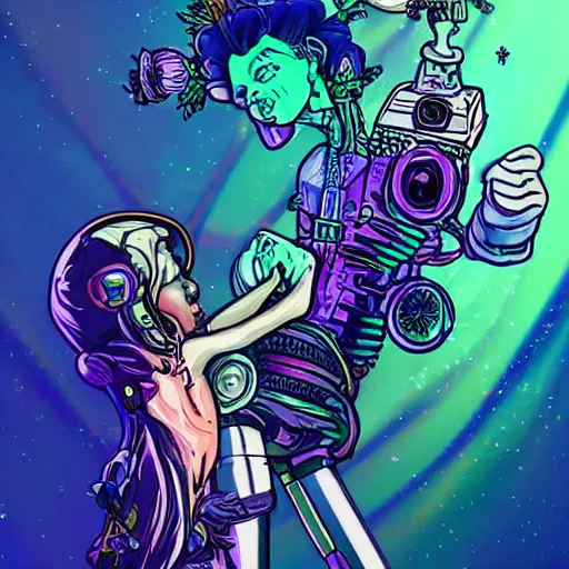 Image similar to surreal photorealistic cartoon art of grimes as a cosmic steampunk fairy holding a miniature elon musk prisoner. synthwave