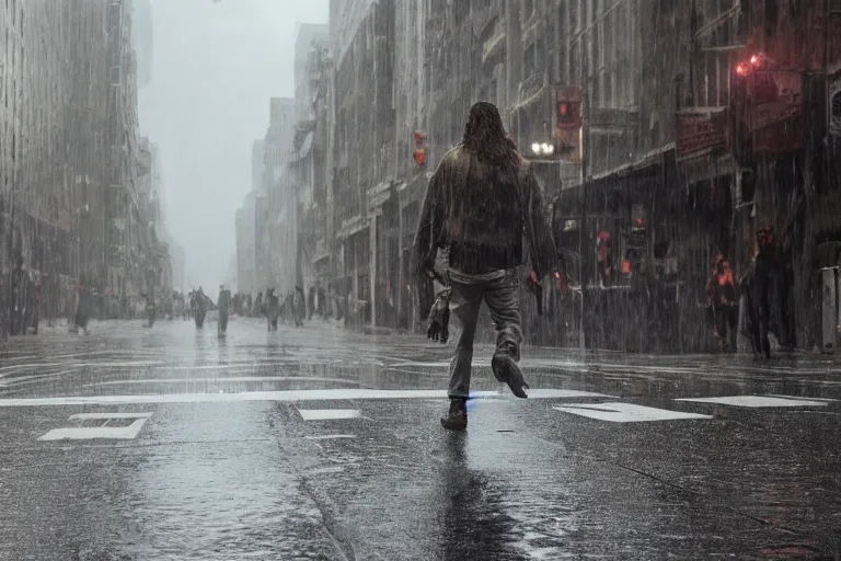 Prompt: a cinematic photograph of jesus walking through a dystopian city street, rain falls, ultra realistic, high definition