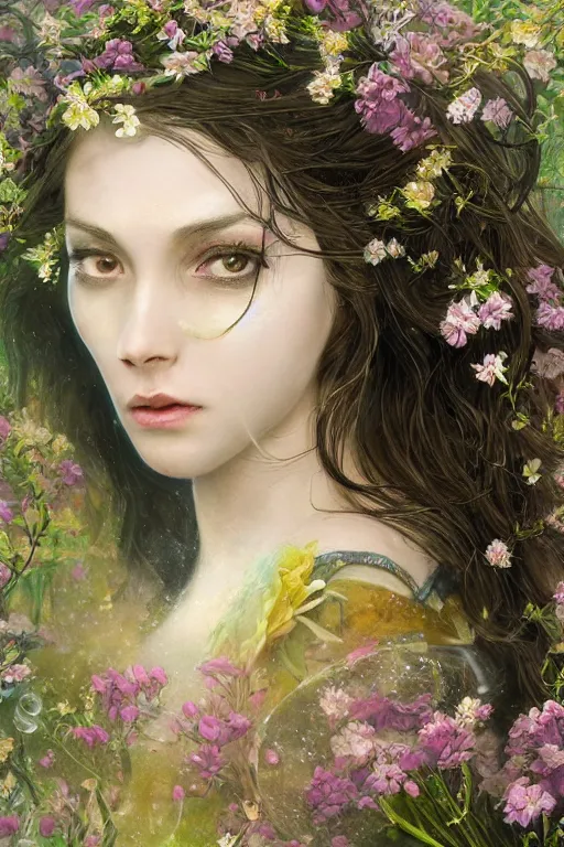 Image similar to elaborately detailed close up portrait of an extremely beautiful girl with long dark hair surrounded by flowers, an eerie mist and ethereal rainbow bubbles, Aetherpunk, high fantasy professionally painted digital art painting, fantasy matte painting movie poster, Art Nouveau, smooth, sharp focus, atmospheric lighting, highly detailed illustration highlights, backlight, golden ratio, 8K detail post-processing, symmetrical facial features, rich deep moody colors, majestic, dark epic fantasy, award winning picture, sense of awe, featured on DeviantArt, trending on cgsociety