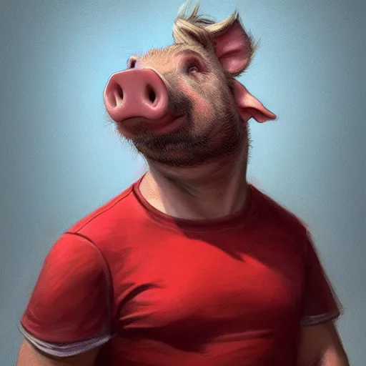 Image similar to portrait of a half man half pig with red shirt ,digital art,photorealistoc,art by greg rutkowski,hyperdetailed,western comic style,comic,comic style,sharp lineart,professional lighting,deviantart,artstation,trevor henderson,rossdtaws,cinematic,dramatic