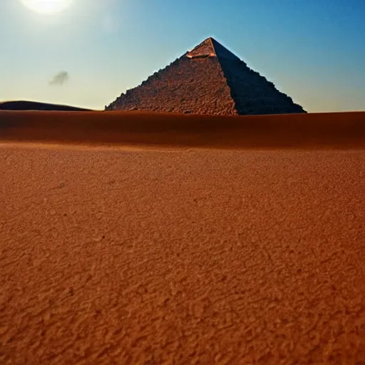 Image similar to wine buried in desert with the pyramids in the background, artistic, hot