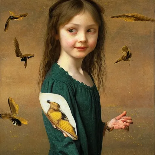 Image similar to !dream a beautiful oil painting of a little cute girl smiling and birds flying around her head by Dino Valls and George Stubbs and Greg Rutkowski