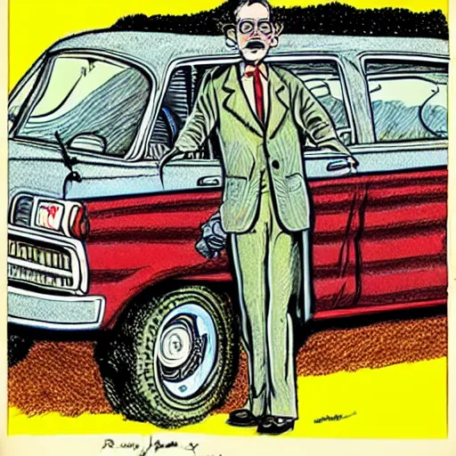 Prompt: The Artwork of R. Crumb and his Cheap Suit Car-salesman, pencil and colored marker artwork, trailer-trash lifestyle