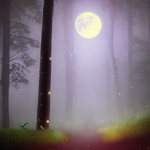 Image similar to pepe the frog flying at night through fog forest lit by the full moon