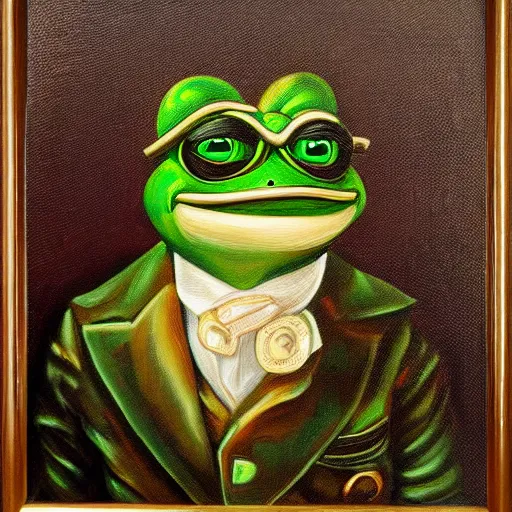 Prompt: fancy pepe the frog, historical portrait painting, oil painting, highly detailed and intricate