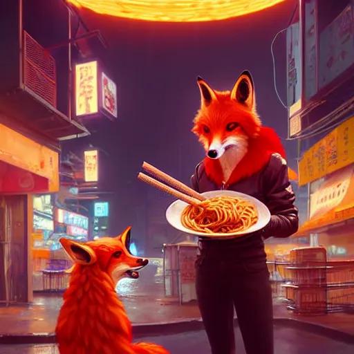 Image similar to splash art of cute female anthropomorphic vulpes vulpes fulva eating ramen noodles by a stand in the crowded street of a cyberpunk city : by weta, greg rutkowski, wlop, ilya kuvshinov, rossdraws, artgerm, octane render, liosh, mucha