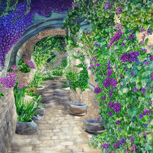 Image similar to delicate stone walls coastline garden on paper, spirals, stony, floating, puffy, vines, botanical herbarium, botanic watercolors, iridescent, 8 k wide angle, realistic shaded, fine details, artstation, italian, rainbow, colonnade, oak, pinecone, pomegranade, vines, gardena architecture, pompeian, sicilian