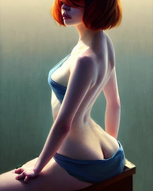 Image similar to an artistic pose, composition, emma stone, realistic shaded, fine details, realistic shaded lighting poster by ilya kuvshinov, magali villeneuve, artgerm, jeremy lipkin and michael garmash and rob rey