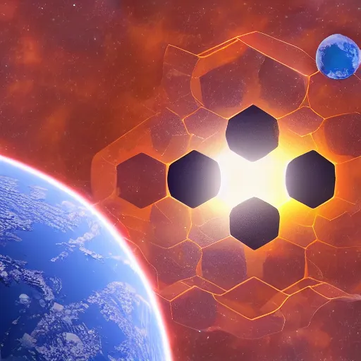 Prompt: hexagon structure floating above planet earth, in space, trending on art station, photo realistic, perspective