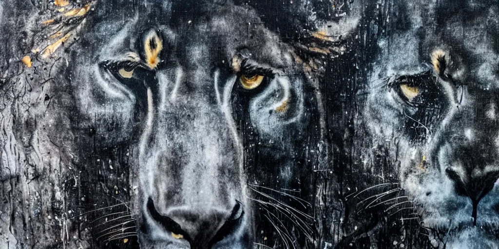 Prompt: the smooth black lioness, made of smooth black goo, in the zoo exhibit, viscous, sticky, full of black goo, covered with black goo, splattered black goo, dripping black goo, dripping goo, splattered goo, sticky black goo. concept art, painting, reflections, black goo, zoo, exhibit