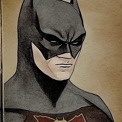 Image similar to batman drawn in ancient notebook, detailed information, sketch style, leonardo davinci,