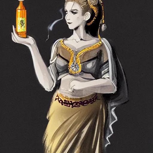 Prompt: a beautiful priestess holding an ornate bottle pouring smoke, concept art