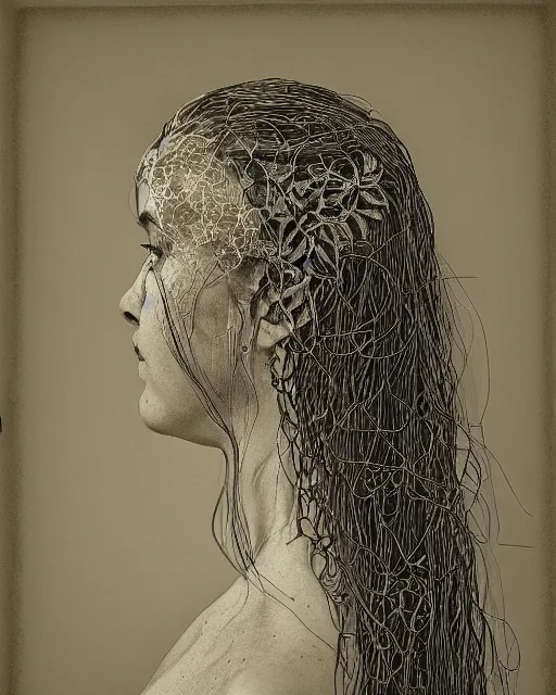 Image similar to a woman's face in profile, long flowing hair entwined in intricate decorative lace leaf skeleton, in the style of the dutch masters and gregory crewdson, dark and moody