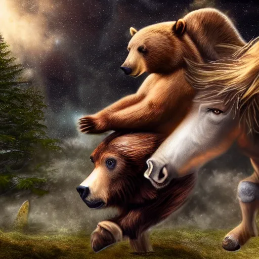 Prompt: a a bear rides a centaur, hyper detailed, photo taken on a nikon, 4k, ultra high quality