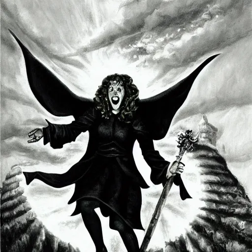 Image similar to epic fantasy painting of the wicked witch of the west summoning magical energy in order to shoot a huge fireball ; action pose, intense screaming expression, oz series, played by margaret hamilton, thatched worn rooftop background