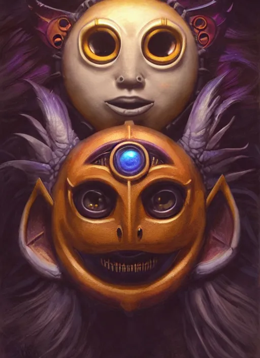 Prompt: hyper realistic, portrait of a mega derpy majora's mask by greg rutkowski, scott m fischer, artgerm, loish, slight glow, atmospheric, anne stokes, alexandros pyromallis