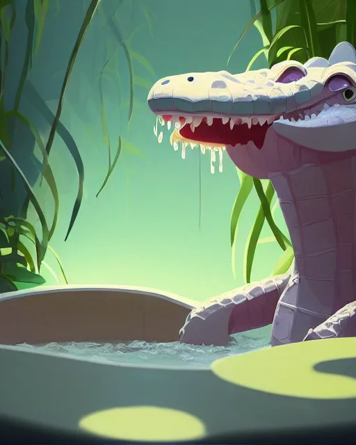 Image similar to a cute alligator brushing his teeth while taking a bath in a well with lush vegetation around, cory loftis, james gilleard, atey ghailan, makoto shinkai, goro fujita, character art, rim light, exquisite lighting, clear focus, very coherent, plain background, soft painting