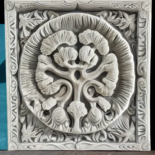 Image similar to highly detailed, ernst haeckel, carved soapstone relief paneling white and pale blue