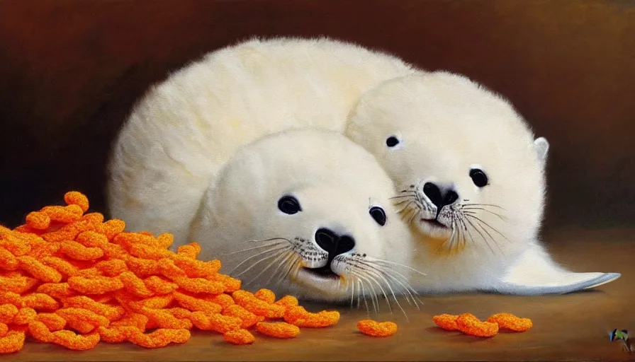 Image similar to highly detailed painting of cute furry white baby seals cuddling up in a big pile of wotsits and cheetos by william turner, thick brush strokes and visible paint layers, 4 k resolution